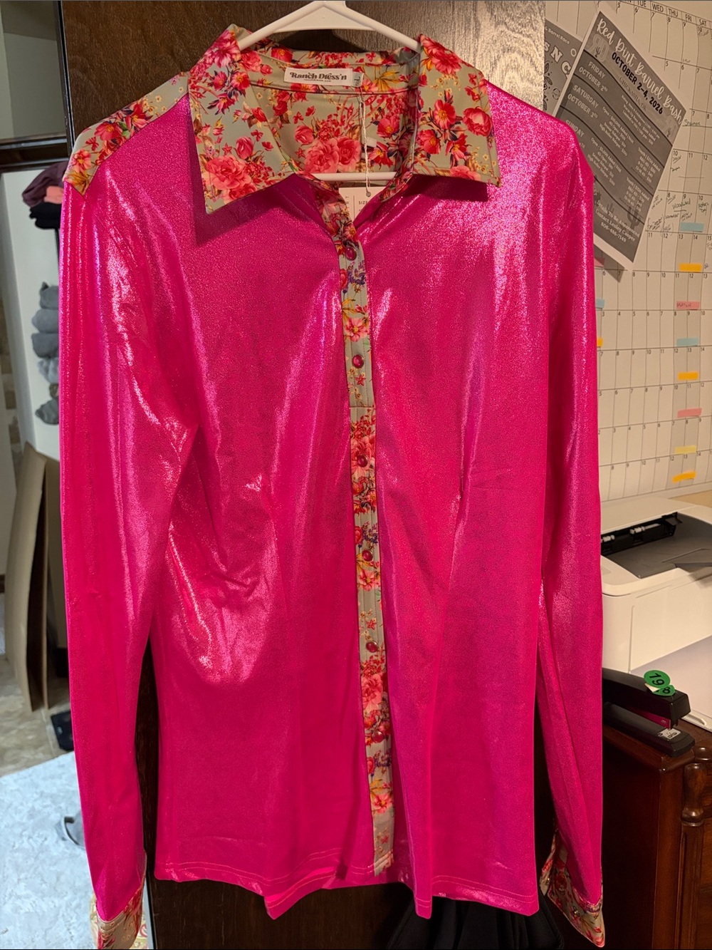 NWT Ranch Dress’n hot pink metallic. With floral trim.